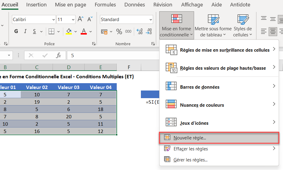 excel conditions multiples nouvelle regle