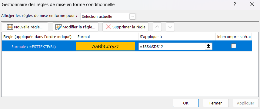 excel contient texte gestionnaire regles