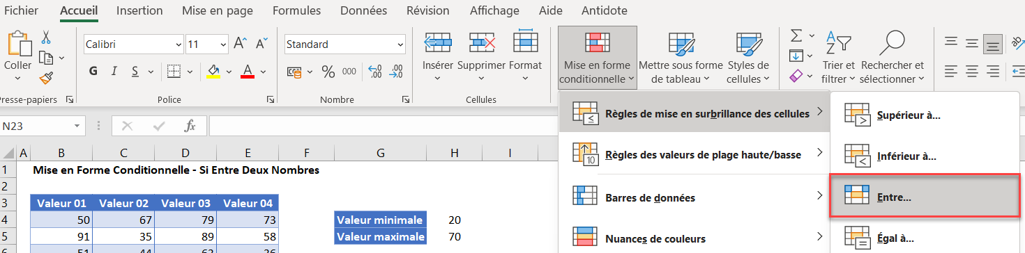 excel entre commande entre