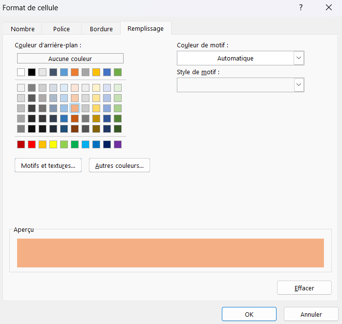 excel entre couleur remplissage