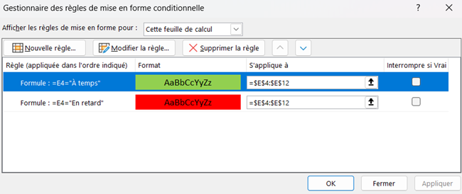 excel gestionnaire règles à temps