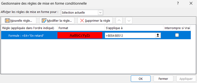 excel gestionnaire règles en retard