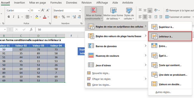 excel mise en forme inferieur