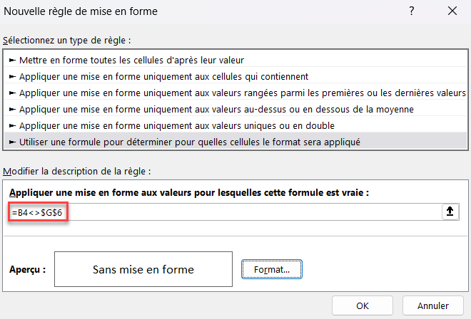 excel non egal formule