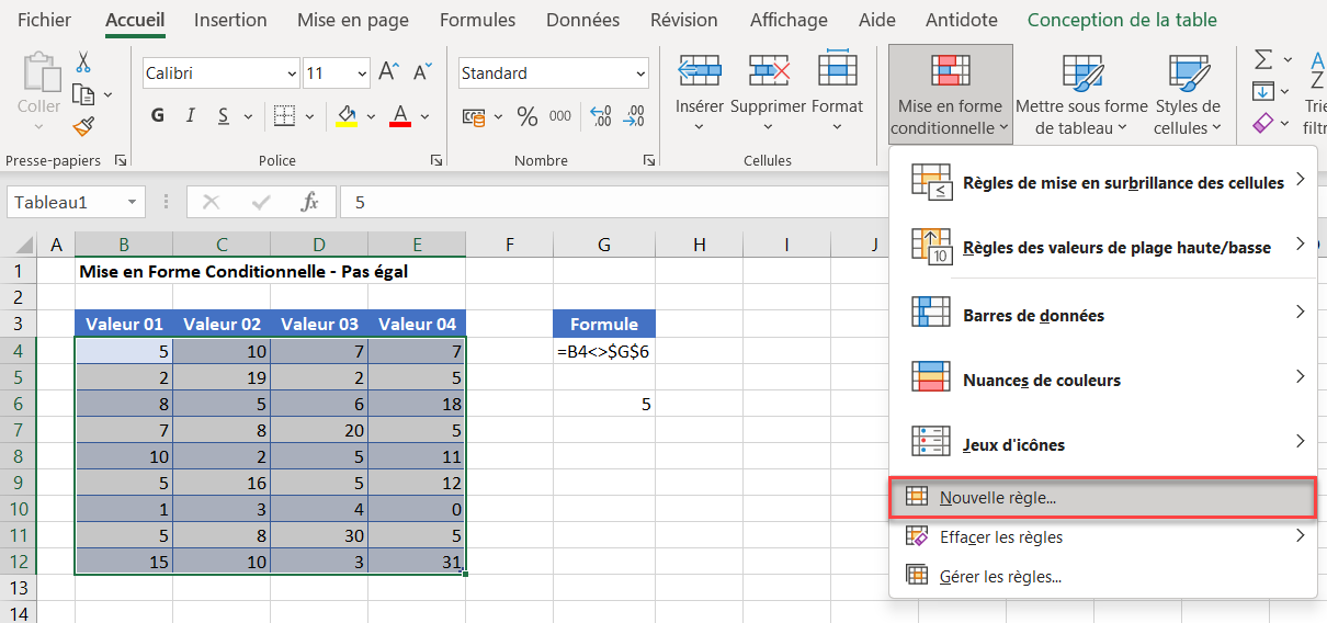 excel non egal nouvelle regle