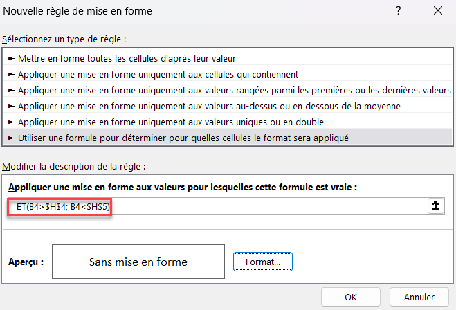 excel nouvelle regle ET