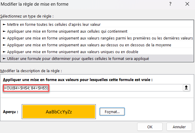 excel nouvelle regle OU