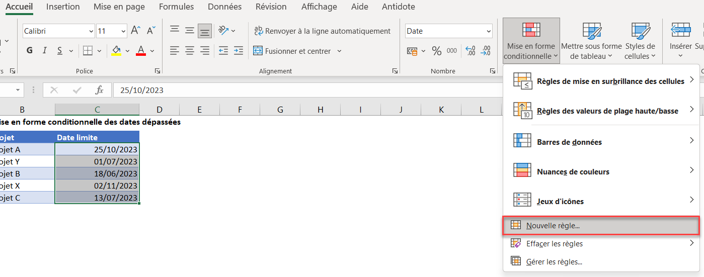 excel nouvelle regle ruban formatage date