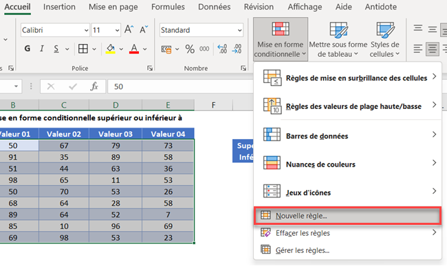 excel nouvelle regle superieur inferieur