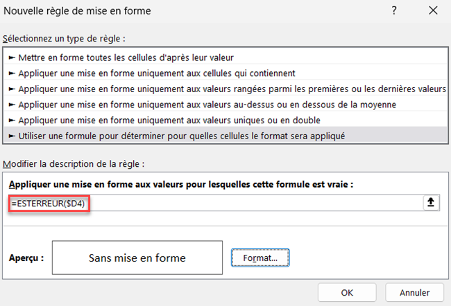 excel surbrillance ligne erreur formule