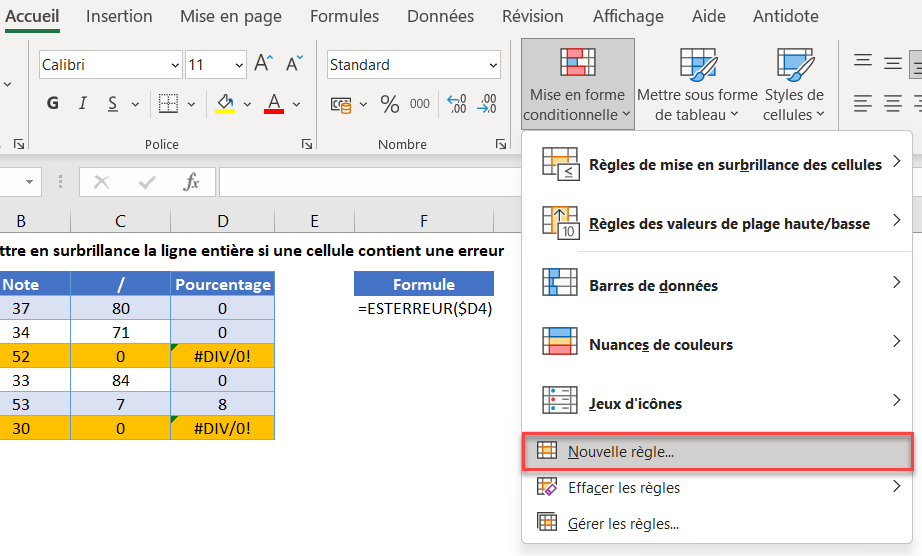 excel surbrillance ligne erreur nouvelle regle 1