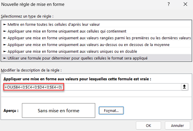 excel surbrillance ligne negatif formule