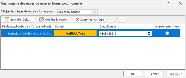 excel surbrillance ligne negatif gestionnaire regles