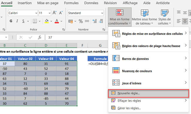 excel surbrillance ligne negatif nouvelle regle