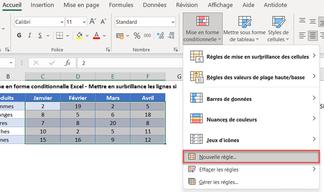 excel surbrillance ligne nouvelle regle produits