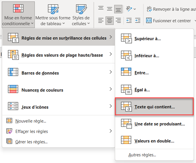 excel texte specifique contient