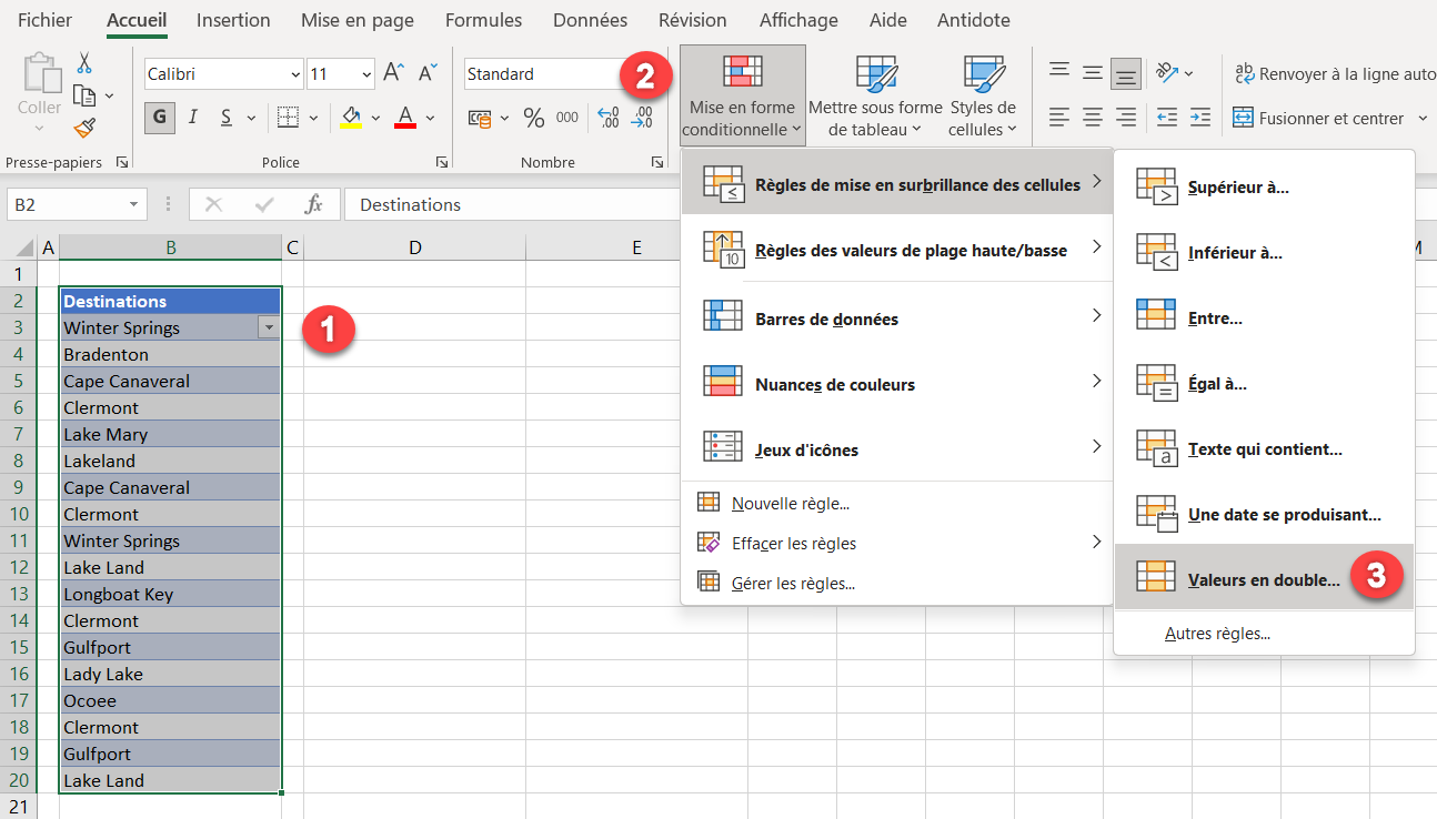 excel valeurs doubles nouvelle regle