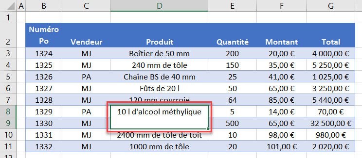 filtre avance non fonctionnel cellule fusionnee