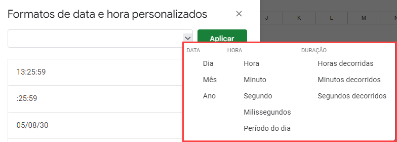 formato personalizado dias horas minutos segundos google