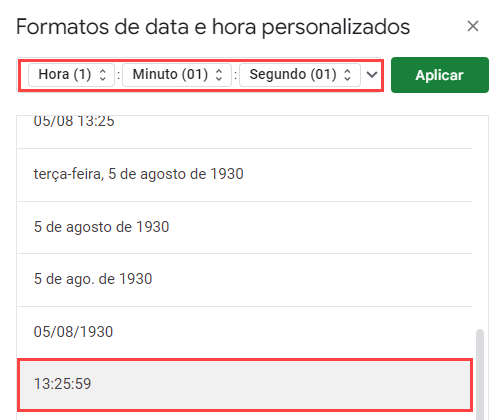 formato personalizado horas minutos segundos google