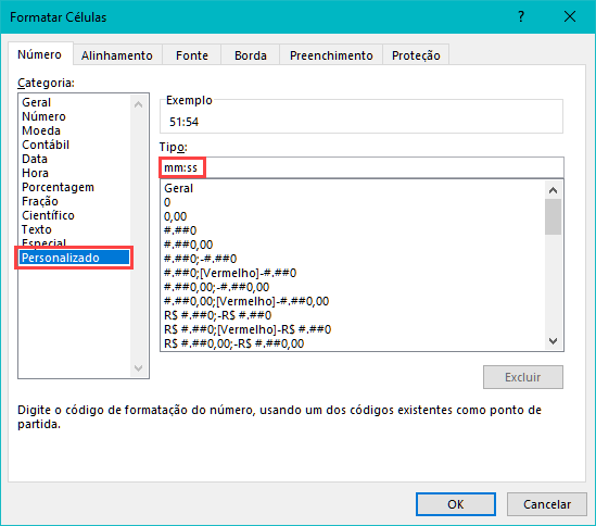 formato personalizado mm ss