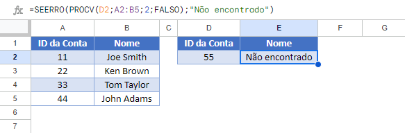 funcao seerro com procv no google sheets