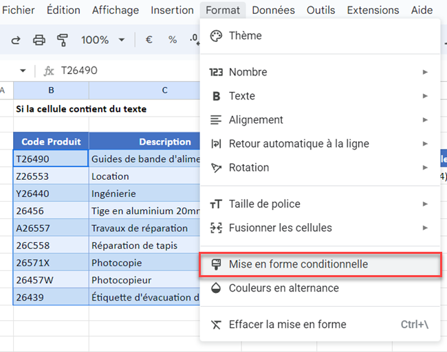 google sheets contient texte conditionnel