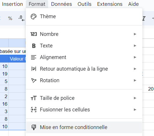 google sheets format conditionnel