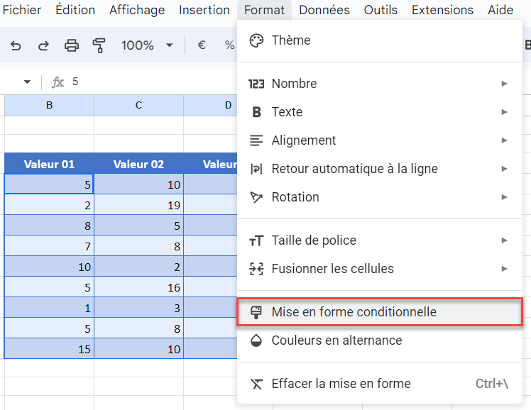 google sheets non egal miseenforme