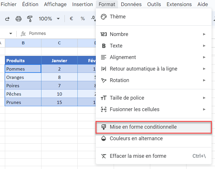 google sheets surbrillance ligne produits nouvelle regle