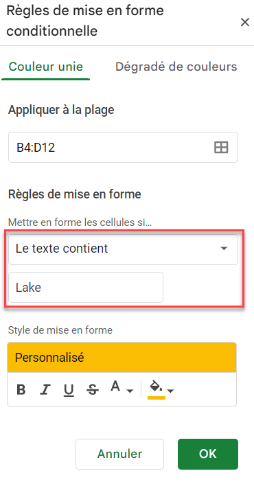 google sheets texte specifique contient