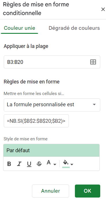 google sheets valeurs double regle