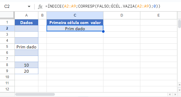 indice primeira celula google