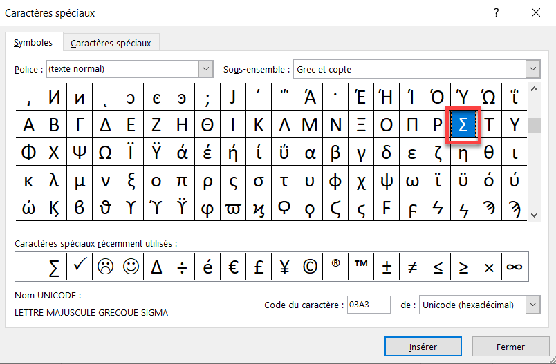 inserer sigma symbole