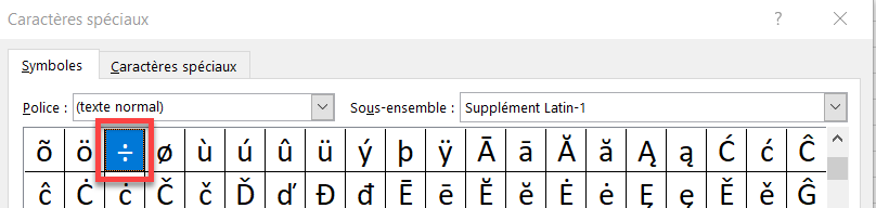 insert symbole division