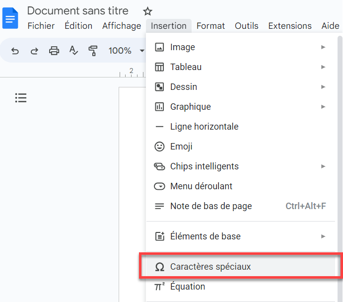 insertion caractere speciaux google doc