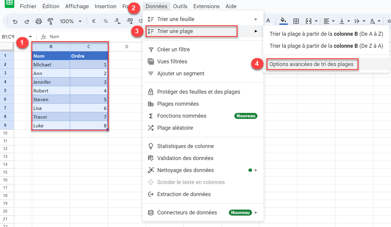 inverser ordre données google sheets