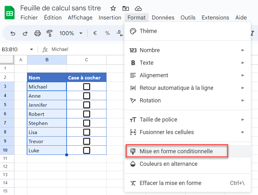 mise en forme case cocher google sheets