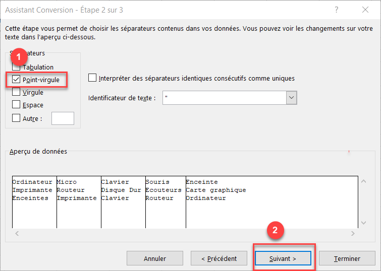 point virgule diviser cellules
