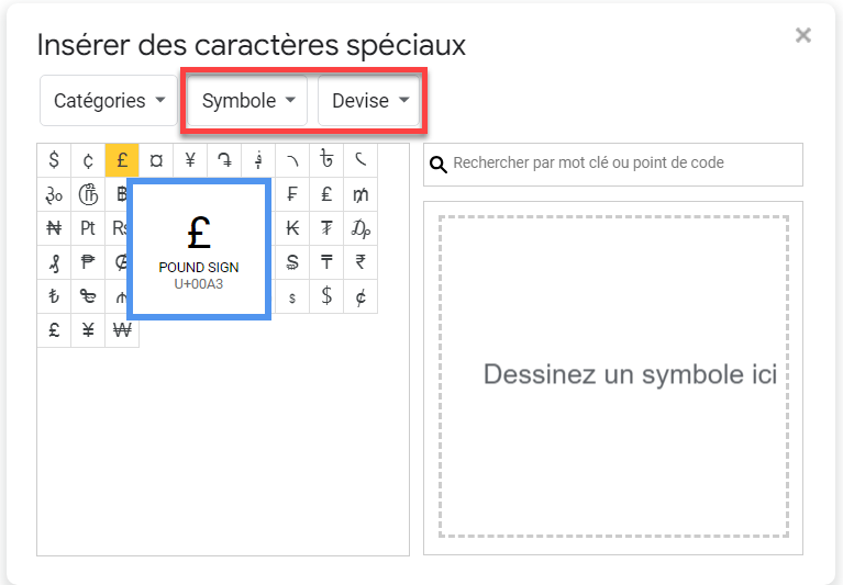 selectionner pound signe devise