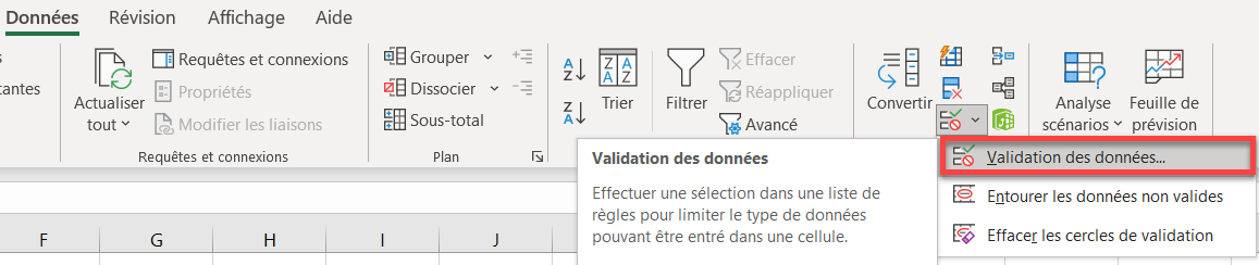 selectionner validation donnees ruban