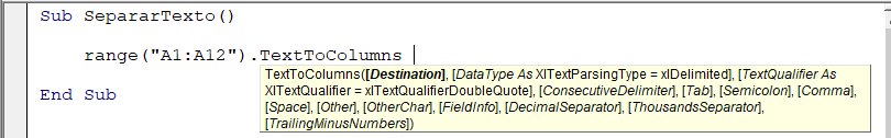 sintaxe texttocolumns