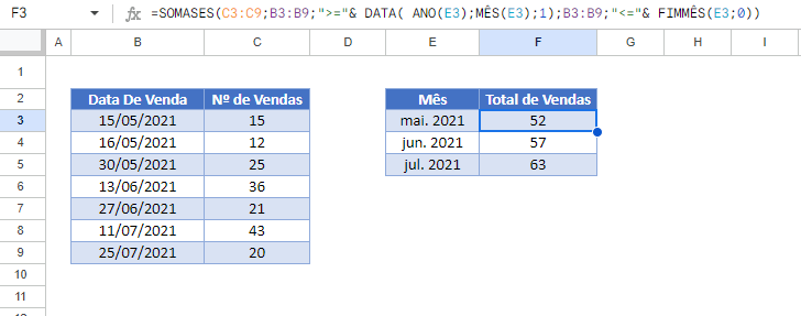 soma se por mes google sheets