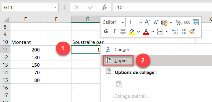 soustraire cellules copier