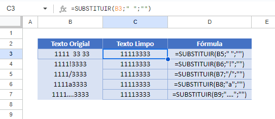 substituir caracteres indesejados google sheets