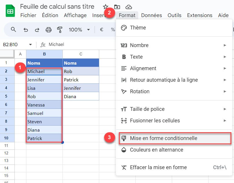 surligner cellules deux colonnes gs