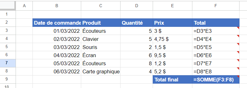 symbole formules google sheets