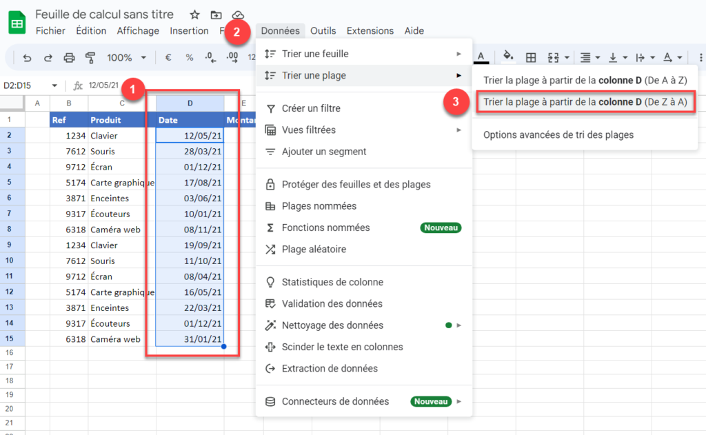 trier colonnes google sheets