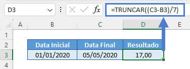 truncar diferenca entre dias por sete