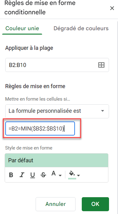 valeur plus basse google sheets